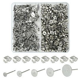 200Pcs 5 Sizes 304 Stainless Steel Stud Earring Findings, Flat Round Earring Settings, with 200Pcs Ear Nuts