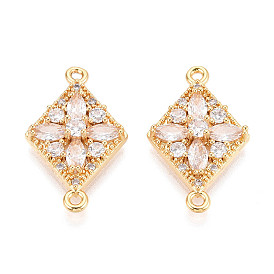 Латунные подвески-звенья/соединители с прозрачными кубическими циркониями, ромб, без никеля 