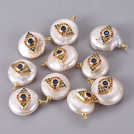 Pendentifs de perles d'eau douce de culture naturelle, avec des cabochons en laiton zircone, plaqué longue durée, plat rond avec oeil de cheval