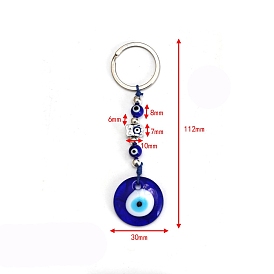 Flat Round with Evil Eye Glass Pendant Keychains, with Metal Finding, for Bag Car Key Decoration