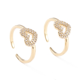 Brass Micro Pave Cubic Zirconia Cuff Rings, Open Heart Rings, Long-Lasting Plated, Real 18K Gold Plated