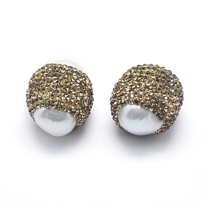 Natural Freshwater Pearl Beads, with Polymer Clay Rhinestone,  Round