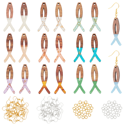 Набор для изготовления серег своими руками, в том числе 20 шт. подвески из смолы и орехового дерева с рыбой иисусом, золотой фольгой, 40 шт. Латунные крючки для сережек и 40 шт. Открытые прыжковые кольца