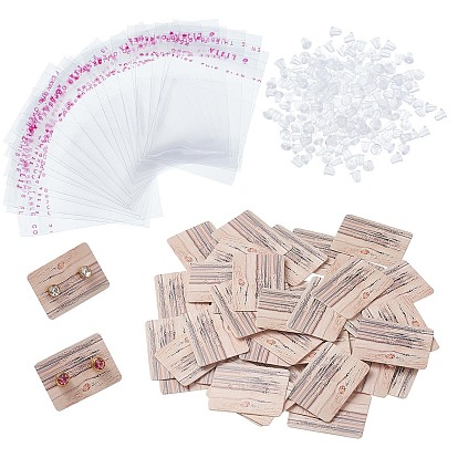 2 Set Rectangle with Wood Grain Pattern Earring Card Holder, with OPP Bags and 400Pcs Plastic Ear Nuts, for Ear Studs and Hanging Earrings Display