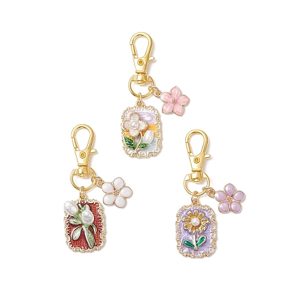 3 шт. подвесные украшения из эмалевого сплава и пластикового жемчуга, с поворотными застежками сплава, золотые, Прямоугольник с цветком