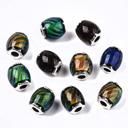 Glass Beads, with Platinum Tone Brass Double Cores, Faceted, Drum, Changing Color Mood Beads
