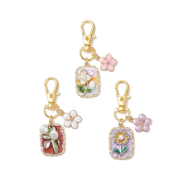 3 шт. подвесные украшения из эмалевого сплава и пластикового жемчуга, с поворотными застежками сплава, золотые, Прямоугольник с цветком