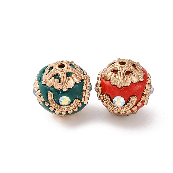 Круглые бусины из смолы ручной работы из Индонезии, со сплавочной фурнитурой со стразами, круглые