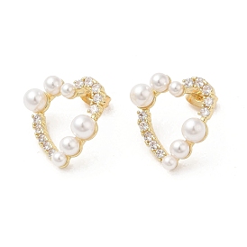 Boucles d'oreilles coeur en laiton avec zircons cubiques, Boucles d'oreilles en perles d'imitation abs pour femme