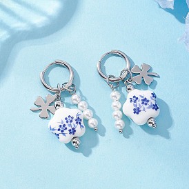 304 серьги-кольца из нержавеющей стали в форме цветка, с ракушечным жемчугом и фарфоровыми бусинами