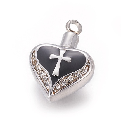 304 Stainless Steel Pendants, with Enamel and Rhinestone, Perfume Bottle, Heart with Cross