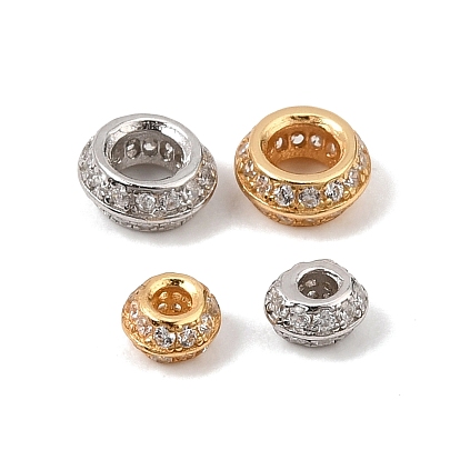 925 Sterling Silver Micro Pave Clear Cubic Zirconia Spacer Beads, Rack Plating, Long-Lasting Plated, Rondelle
