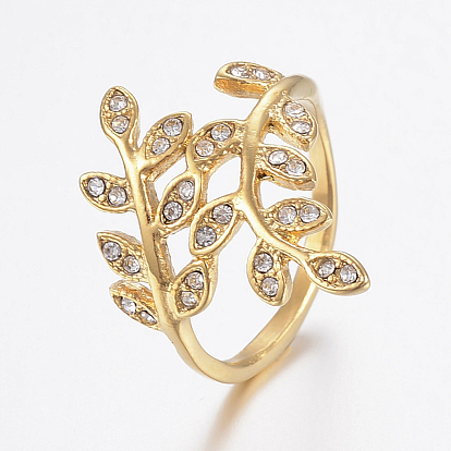 Ion Plating(IP) 304 Stainless Steel Rhinestone Finger Rings, Wide Band Rings, Leaf