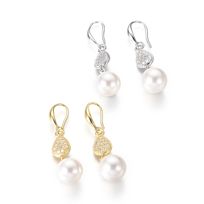 Shell Pearl Dangle Earrings, with Cubic Zirconia Teardrop Beads and Brass Earring Hook, Round