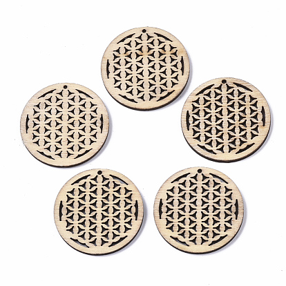 Undyed Natural Wooden Pendant, Spiritual Charms, Laser Cut Shapes, Flower of Life/Sacred Geometry