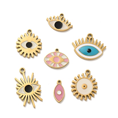Ion Plating(IP) 316L Surgical Stainless Steel Pendants, with Enamel, Real 18K Gold Plated, Evil Eye Charm
