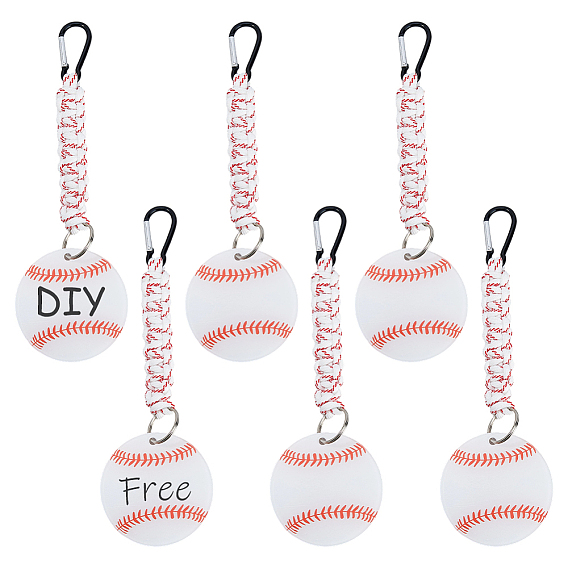 6pcs décorations pendentif acrylique de baseball en cordon tressé en polyester, avec des anneaux de fer, noir
