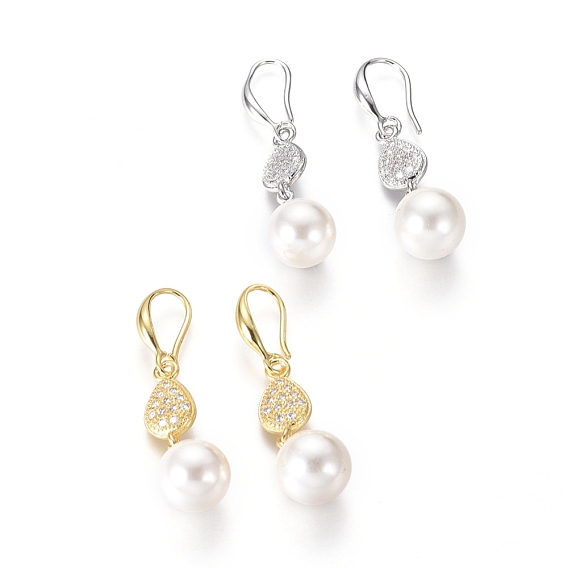 Shell Pearl Dangle Earrings, with Cubic Zirconia Teardrop Beads and Brass Earring Hook, Round