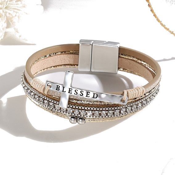 Многопрядные браслеты из искусственной кожи, браслеты с крестом в стиле бохо, из нержавеющей стали магнитные застежки