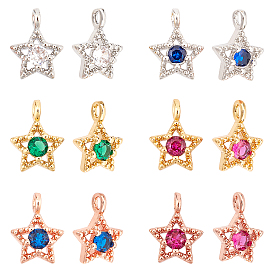 Nbeads 12Pcs 6 Colors Brass Inlaid Clear Cubic Zirconia Charms, Star