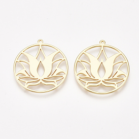 Brass Pendants, Nickel Free, Real 18K Gold Plated, Ring with Lotus Flower