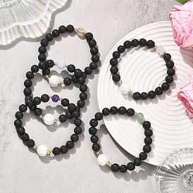 Браслеты из натуральных лавовых камней, лэмпворка и смешанных круглых бусин для женщин, с Гальваническим немагнитных синтетическими гематита бисера