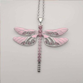 Vintage Luxury Zinc Alloy Crystal Rhinestone Dragonfly Pendant Necklaces with Enamle, Platinum