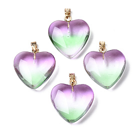 Two Tone Spray Painted Glass Pendants, with Golden Plated Iron Bails, Heart