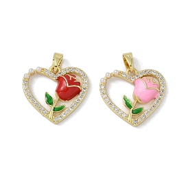 Rack Plating Brass Pendant, with Enamel & Cubic Zirconia, Lead Free & Cadmium Free, Long-Lasting Plated, Heart & Flower