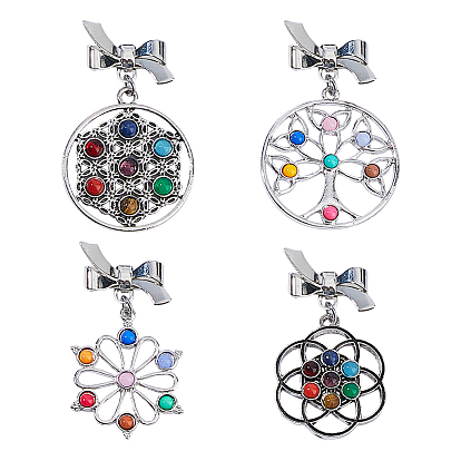 4 шт. 4 стили броши-банты из латуни, с подвесками из сплава смолы и стекла, натурального лазурита и чакры тигрового глаза, разноцветные