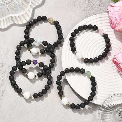 Браслеты из натуральных лавовых камней, лэмпворка и смешанных круглых бусин для женщин, с Гальваническим немагнитных синтетическими гематита бисера