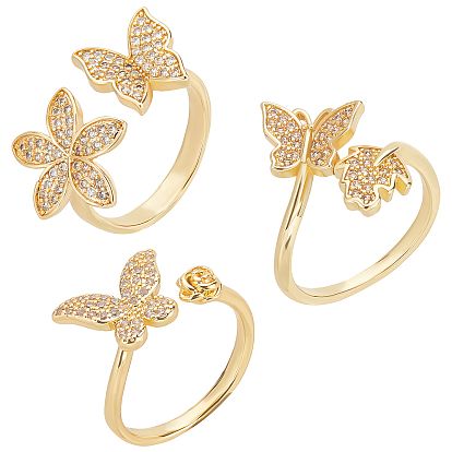 3Pcs 3 Style Butterfly and Flower Clear Cubic Zirconia Cuff Rings, Brass Open Rings for Women