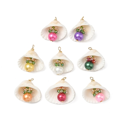 8 шт. 8 подвески из натурального ракушечного и круглого стекла разных цветов, подвески в форме ракушки с железными петлями, золотые
