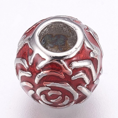 304 Stainless Steel European Beads, Large Hole Beads, with Enamel, Rondelle with Flower