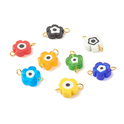Handmade Millefiori Glass Connector Charms, with Golden Tone Brass Findings, Plum Flower