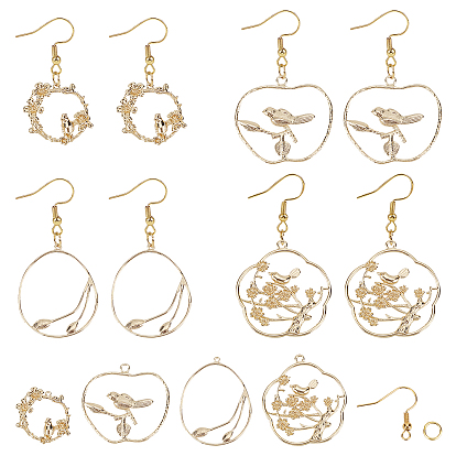 DIY 8Pairs Flower & Bird Earring Making Kits, Including 304 Stainless Steel Earring Hooks & Jump Rings, Brass Pendants