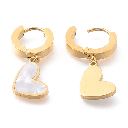 304 Stainless Steel Huggie Hoop Earrings, with Natural White Shell, Heart