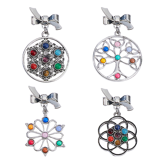 4 шт. 4 стили броши-банты из латуни, с подвесками из сплава смолы и стекла, натурального лазурита и чакры тигрового глаза, разноцветные