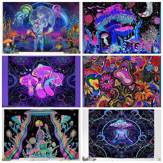 UV Reactive Blacklight Trippy Wall Hanging Tapestry, Hippie Mushroom Tapestry for Home Decoration, Rectangle