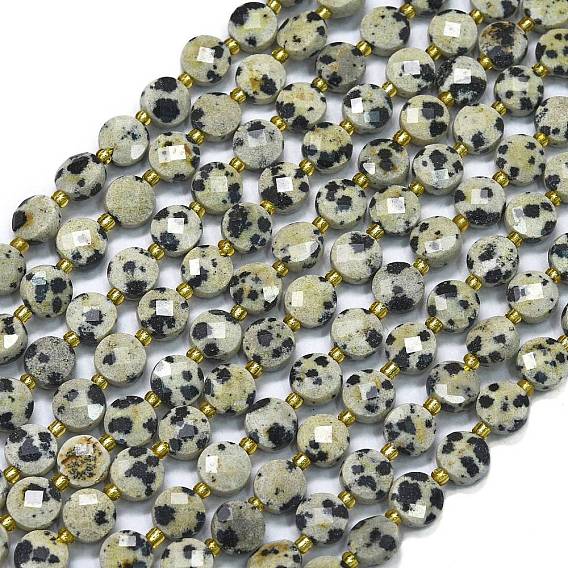 Природные яшмы далматин бисер нитей, с бисером, граненые, плоско-круглые