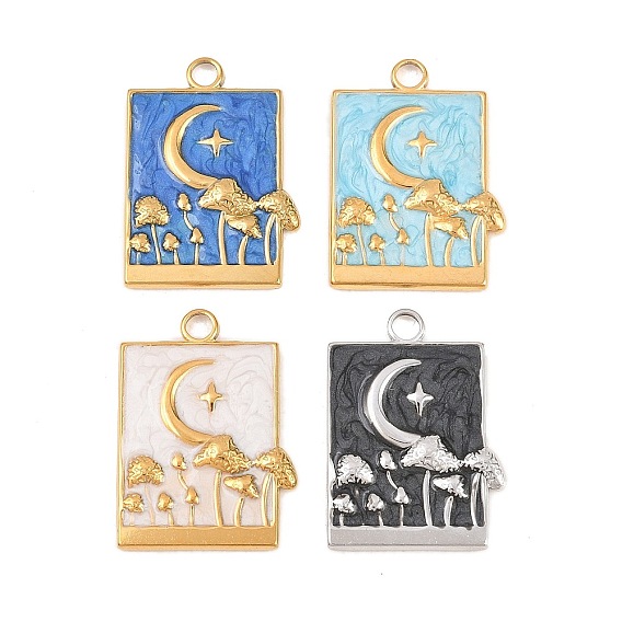 304 нержавеющей стальной эмали подвески, прямоугольник с подвесками в виде луны и гриба, ионное покрытие (ip), настоящее 18k позолоченное/цвет нержавеющей стали