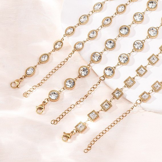 304 Stainless Steel Glass Link Chain Necklaces, Clear, Ion Plating(IP), Golden