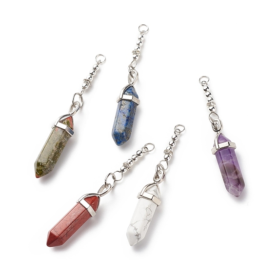 Natural Mixed Stone Double Terminal Pointed Pendants, with 304 Stainless Steel & Brass Rhinestone & Non-magnetic Synthetic Hematite, Faceted Bullet Charm