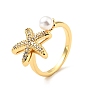 Cubic Zirconia Starfish with Imitation Pearl Open Cuff Ring, Real 18K Gold Plated Brass Jewelry for Women, Cadmium Free & Lead Free