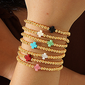 Stainless Steel Bead Stretch Bracelets for Women, with Plastic Cross