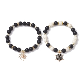 2pcs 2 styles 8 bracelets extensibles en perles d'agate noire naturelle teinte ronde de mm et de perles turquoise synthétiques, Halloween empilable araignée et toile d'araignée alliage émail bracelets à breloques pour femmes hommes