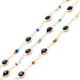 Handmade Brass Glass Flat Round Link Chains, with Glass Seed Beads, Long-Lasting Plated, Soldered, with Spool, Golden