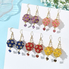 Boucles d'oreilles pendantes en verre, jade naturel de Malaisie teint et jaspe rouge naturel/améthyste/œil de tigre/lapis-lazuli/rhodonite, ronde avec le coeur, 304 boucles d'oreilles dangle acier inoxydable, or