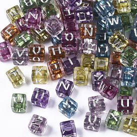 Transparent Acrylic Beads, Horizontal Hole, Cube with Letter, Silver Plated