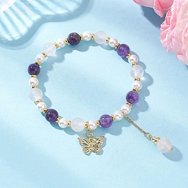 Браслеты с подвесками в виде бабочек из латуни с микропаве из прозрачных кубических цирконий, Браслеты из натуральных бусин аметиста, розового кварца и ракушечного жемчуга для женщин